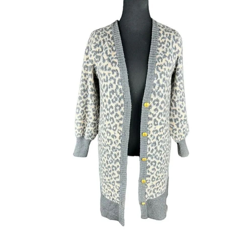 Marled leopard grey long sweater duster cardigan gold buttons soft warm medium